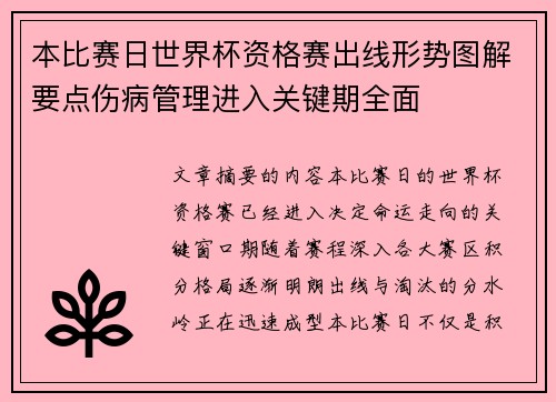 本比赛日世界杯资格赛出线形势图解要点伤病管理进入关键期全面